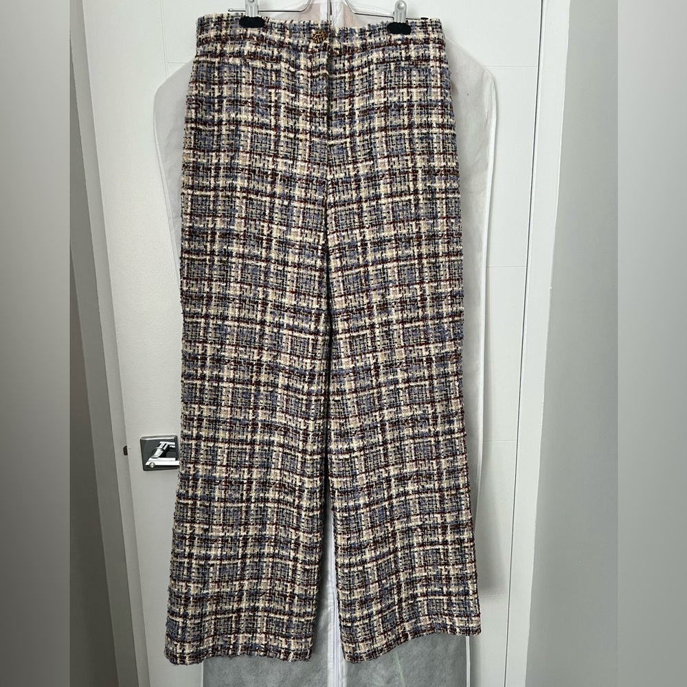 ba&sh Cream, Navy & Brown Tweed Wide-Leg Trousers